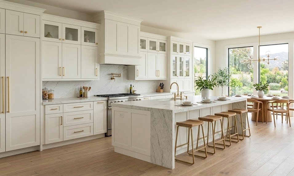 A professional cabinet installer from Aura Cabinetry installs custom white shaker doors with gold hardware in a modern Anaheim kitchen with marble countertops and garden views.