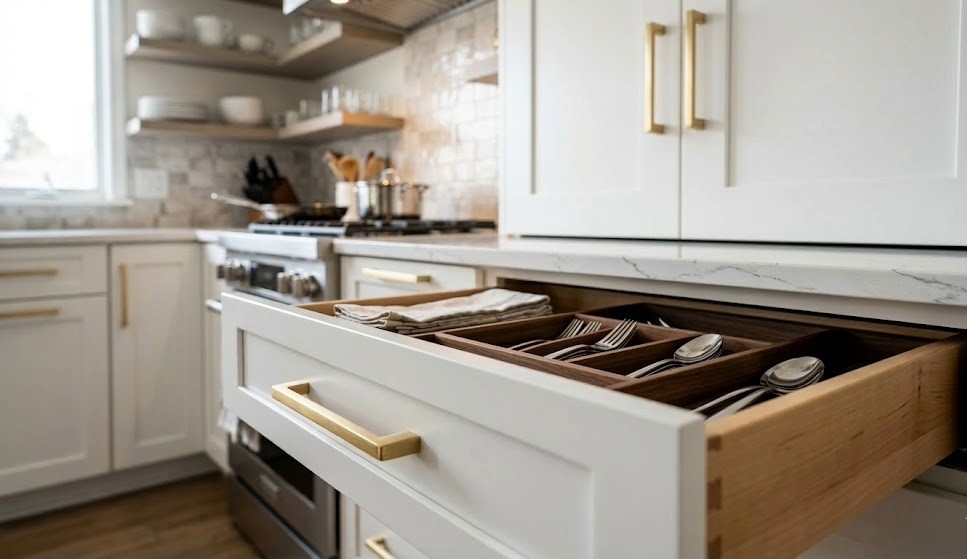 A close-up view of an open white shaker kitchen drawer, featuring a custom wooden cutlery tray filled with silverware and brushed gold handles on both upper and lower cabinets. A stack of folded linens sits at the back of the drawer. In the background is a beautifully remodeled kitchen with a marble countertop, open wood shelves, and a professional range.
