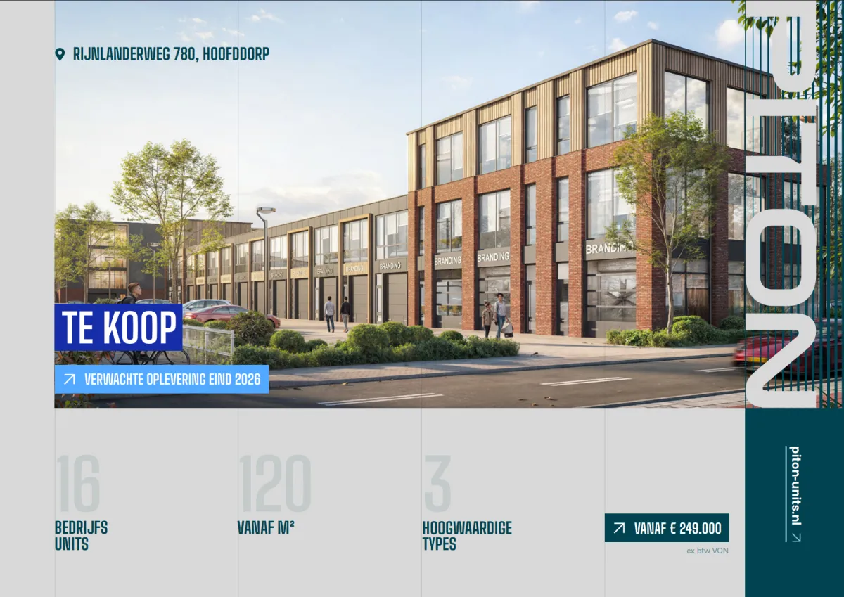 Op deze afbeelding zien we een banner: 16 hoogwaardige bedrijfsunits in Hoofddorp. Vanaf €249.000,-