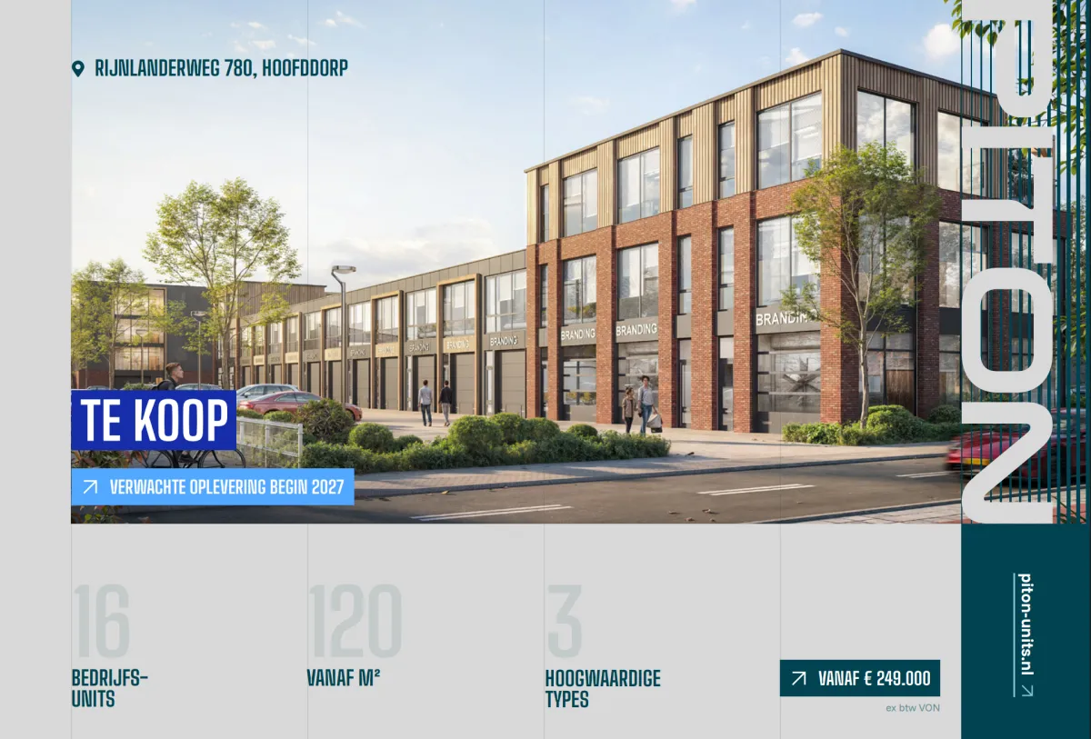 Op deze afbeelding zien we een banner: 16 hoogwaardige bedrijfsunits in Hoofddorp. Vanaf €249.000,-