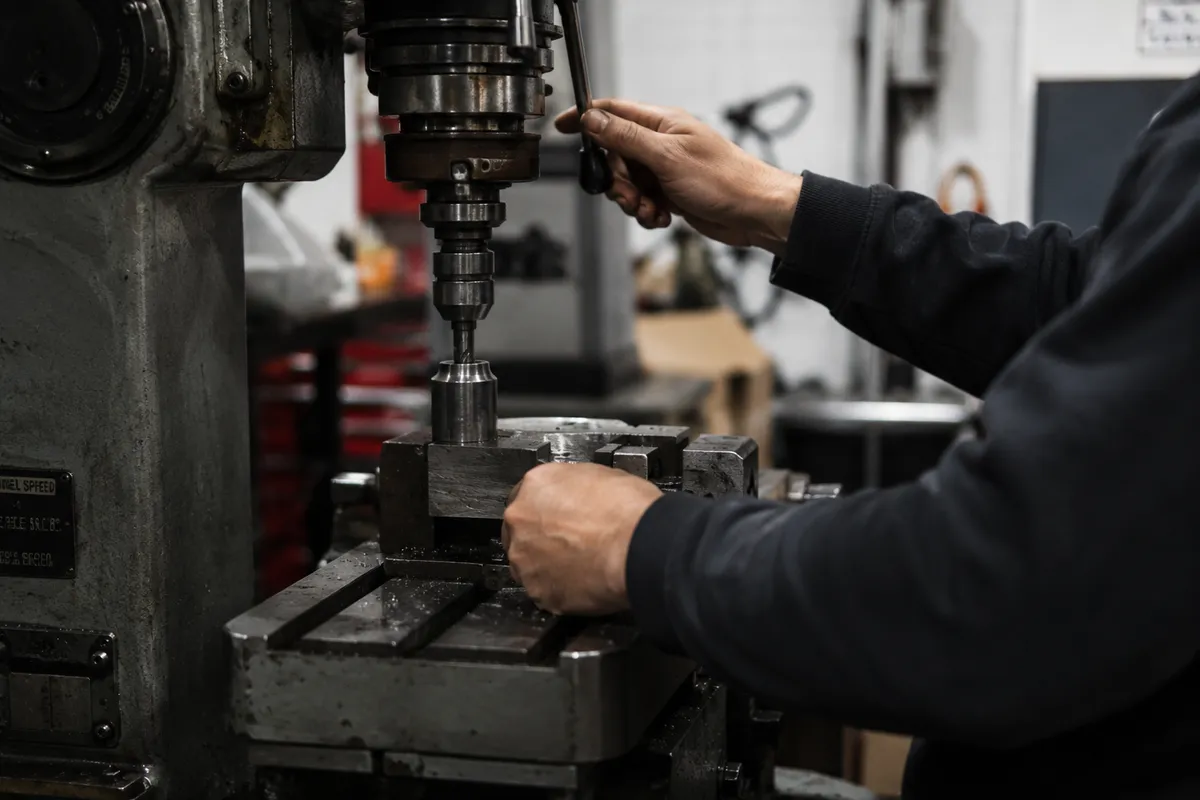 Heavy machinery mechanic working in a gritty industrial workshop with precision tools