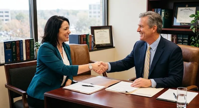 An estate planning attorney shaking hands with a client