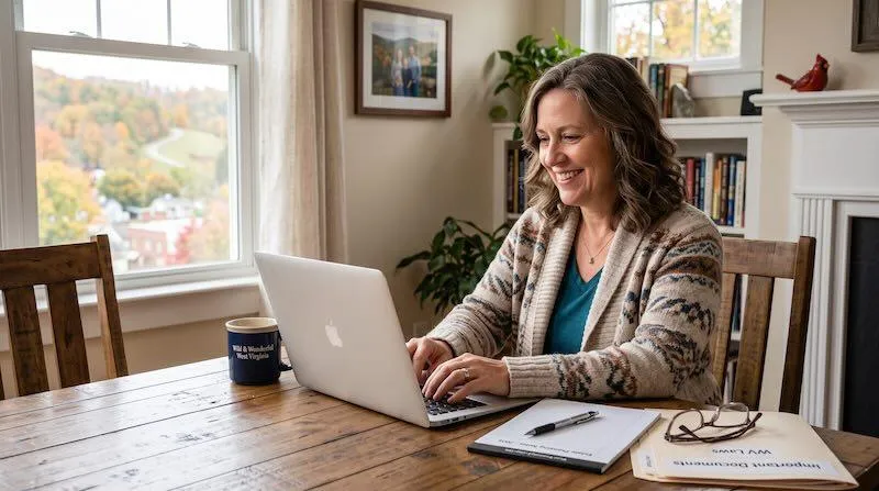 A woman researching estate planning at her home in West Virginia
