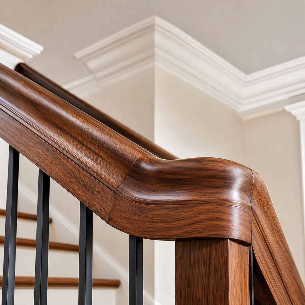 Finish carpentry staircase and crown molding detail in Santa Barbara