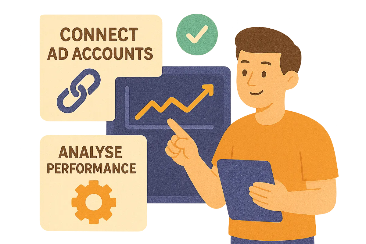 Illustration representing Connect, Track & Optimise in 3 Simple Steps