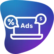 Icon representing ads management service with a graph and a dollar sign. 