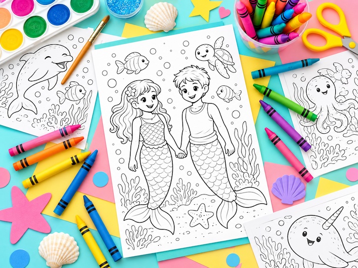 black and white mermaid and merboy with fish, tortoise and starfish coloring page with other black and white coloring pages of a narwhal, dolphin and octopus, surrounded by colorful crayons, a paint palette, shells and yellow-handled scissors
