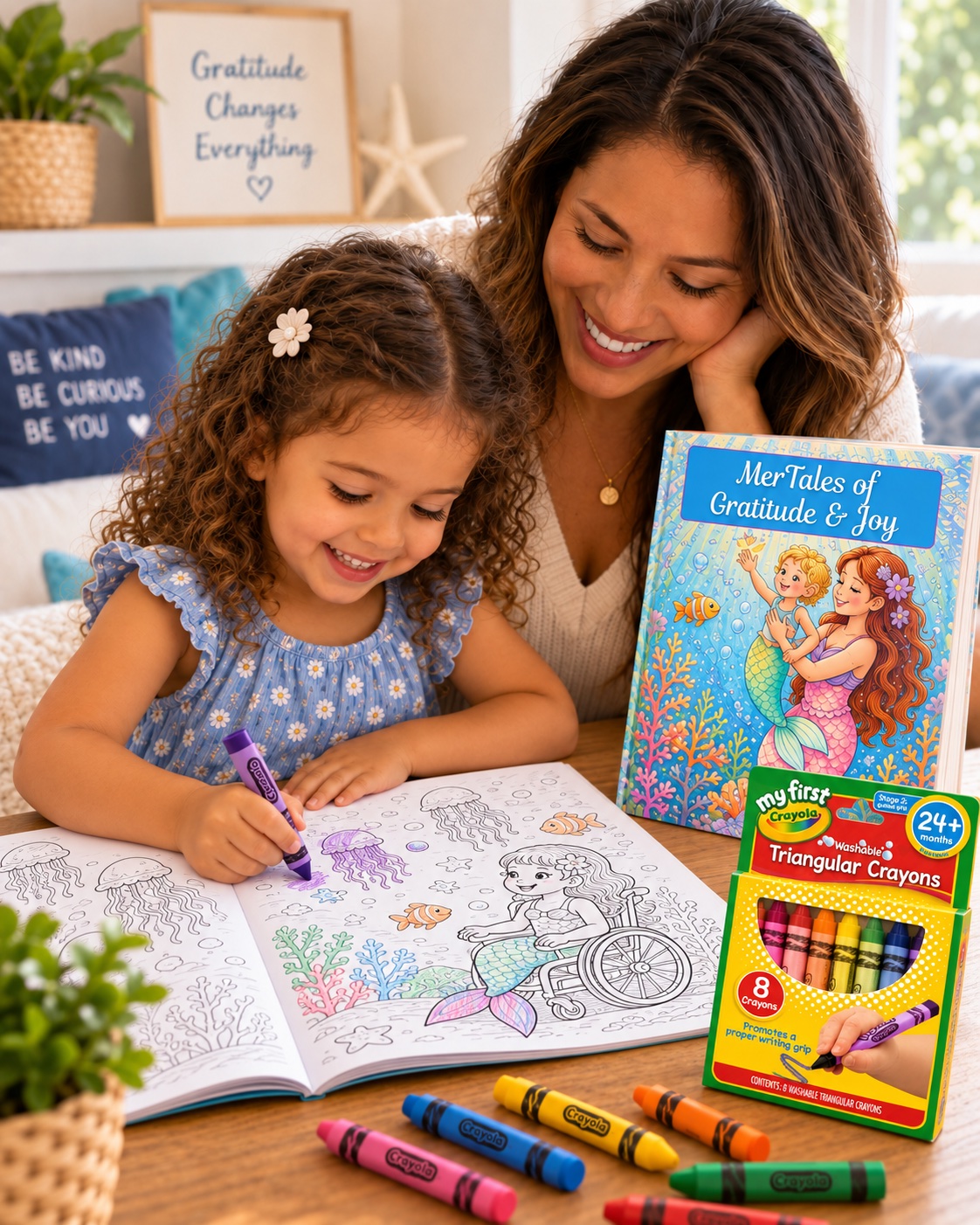 girl coloring a mertales coloring book image with Crayola My First Washable Triangular Grip Crayons while happy Mom looks on