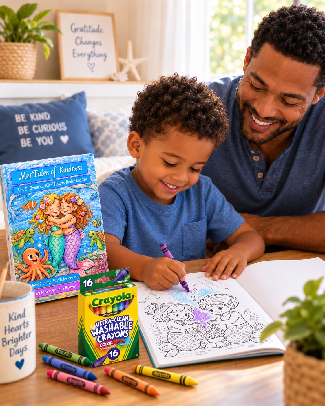boy coloringmrtaes image with Crayola Ultra-Clean Large Washable Crayons while happy Dad looks on