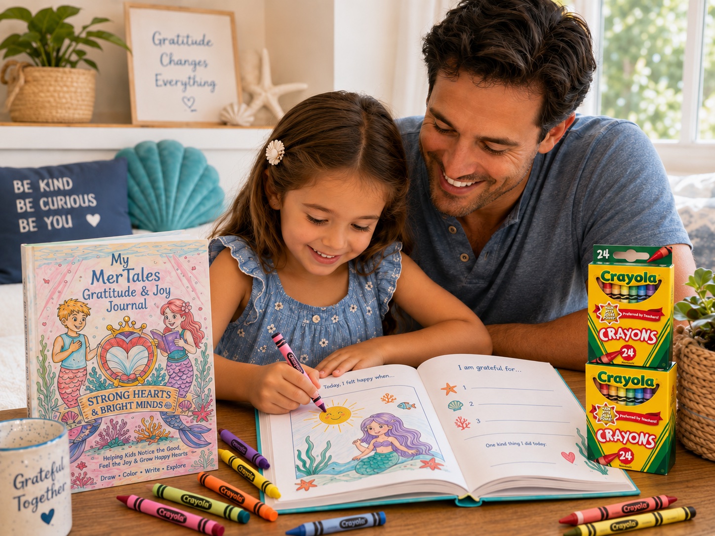 girl coloring mertales image with Crayola Ultra-Clean Washable Crayons while happy Dad looks on