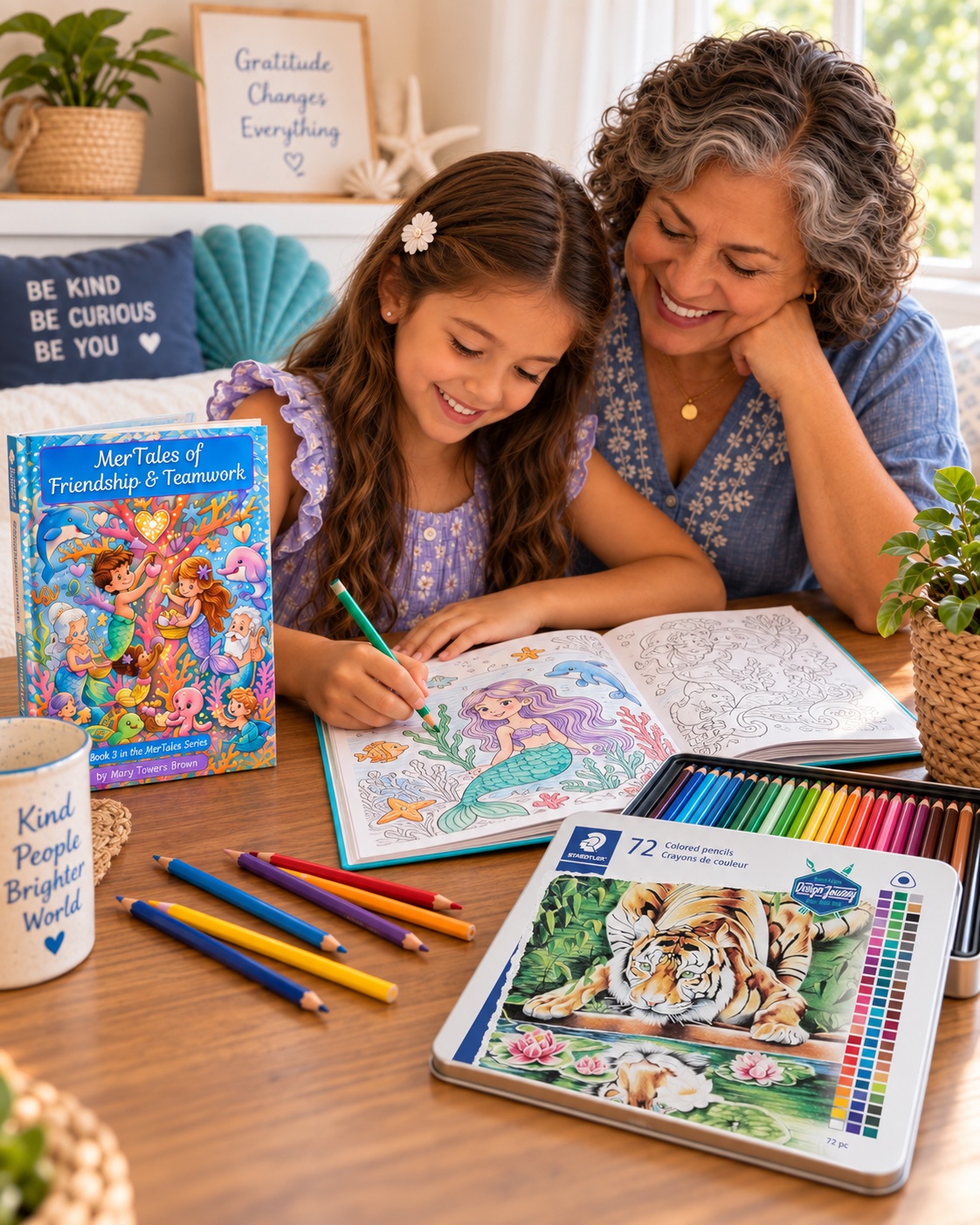Girl coloring with STAEDTLER Triangular Colored Pencils while happy grandma looks on