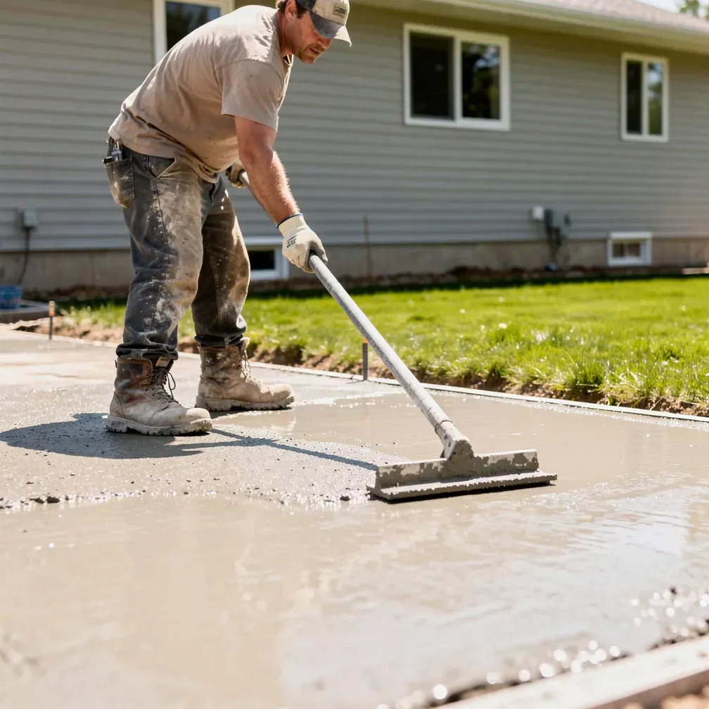Concrete contractor smoothing a freshly poured slab beside a residential home in Baxter, Minnesota