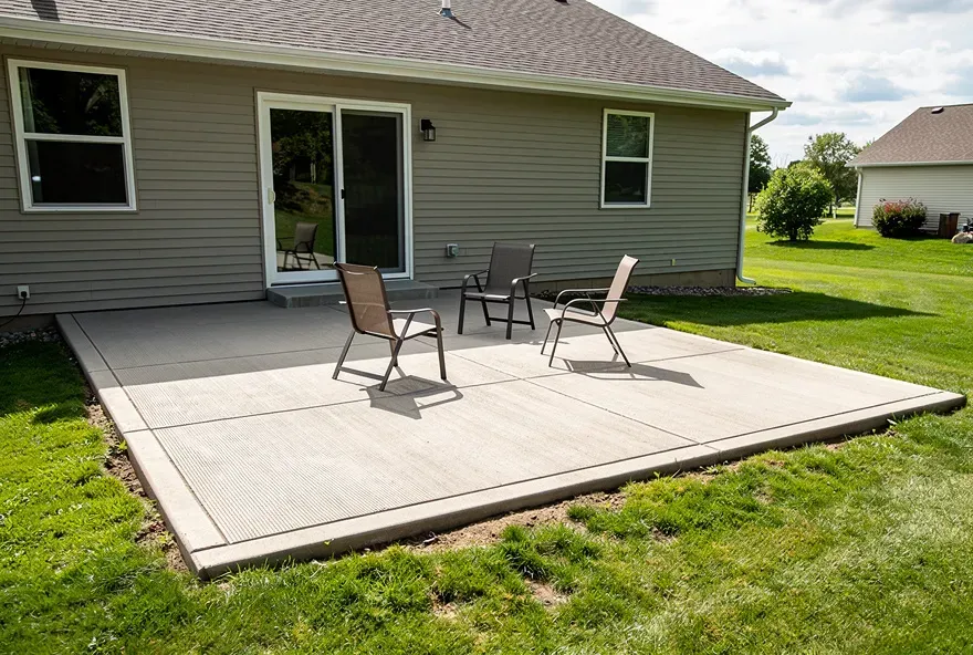Finished concrete patio attached to the back of a modest residential home in Baxter, Minnesota