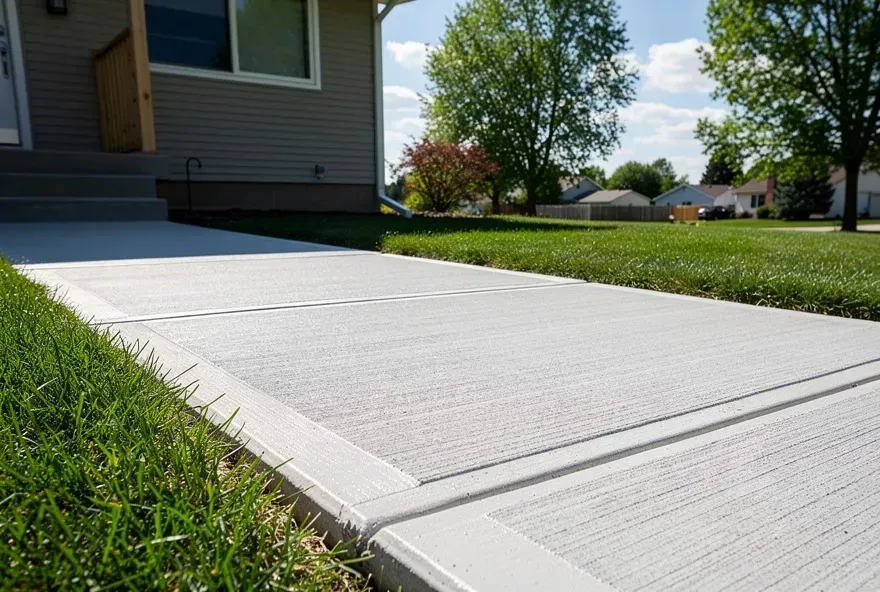 Freshly finished concrete sidewalk along the front of a residential home in Baxter, Minnesota