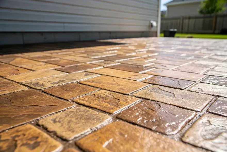 Freshly finished stamped concrete patio with a stone pattern attached to a home in Baxter, Minnesota