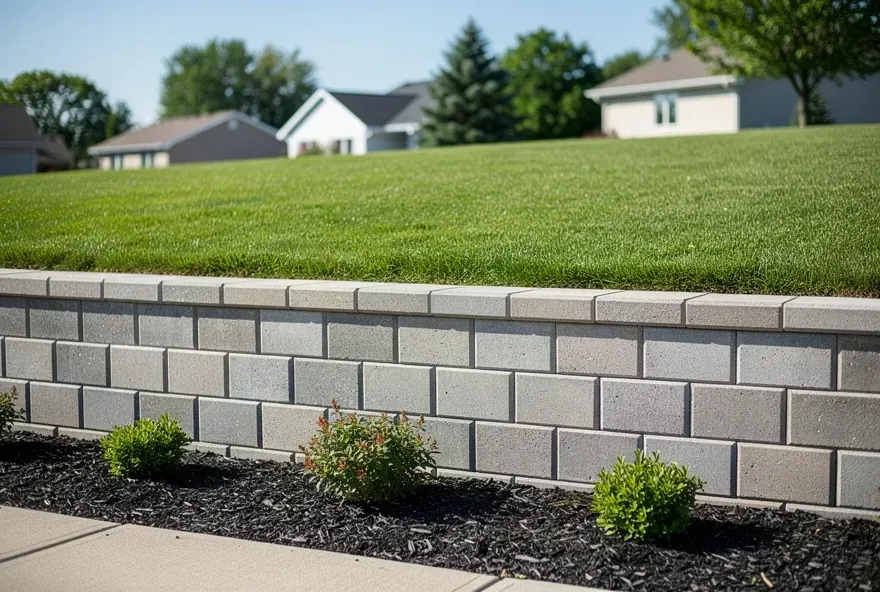 Neatly finished concrete block retaining wall along a residential yard in Baxter, Minnesota