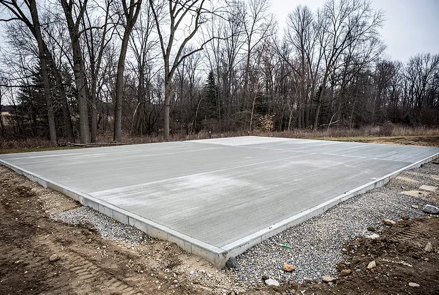 Freshly poured flat concrete foundation slab on a residential lot in Baxter, Minnesota