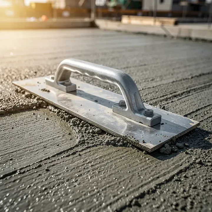 Close-up of concrete finishing tools resting on a freshly poured concrete surface in Baxter, Minnesota