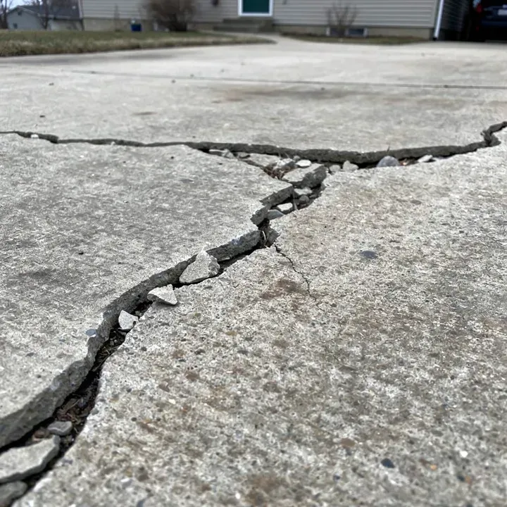 Close-up of a cracked and deteriorating concrete driveway surface on a residential property in Baxter, Minnesota