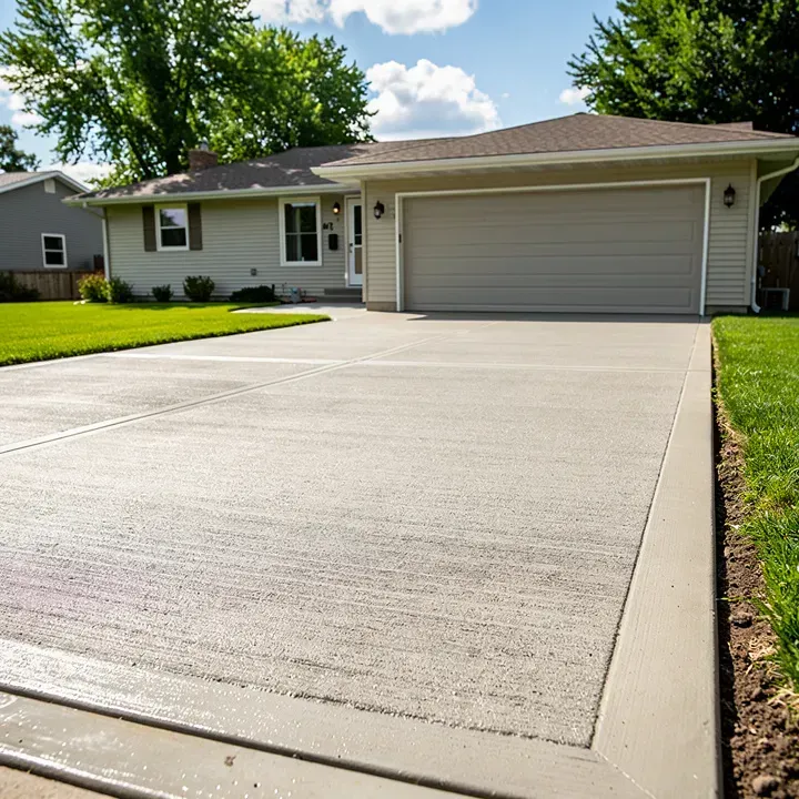 Close-up of a freshly finished brushed concrete driveway surface next to a garage in Baxter, Minnesota