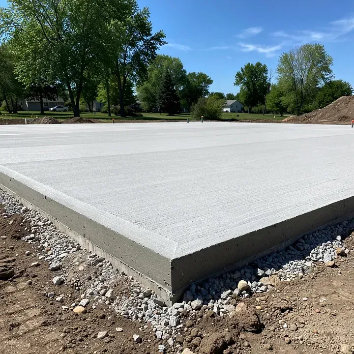 Close-up of a freshly poured flat concrete foundation slab on a residential lot in Baxter, Minnesota