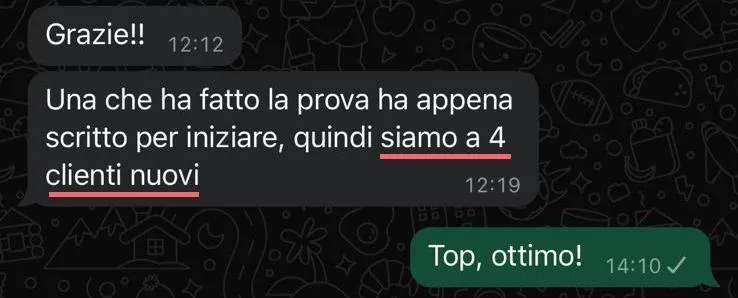 Chat su app di messaggistica che dice: "Grazie!! Una che ha fatto la prova ha appena scritto per iniziare, quindi siamo a 4 clienti nuovi"