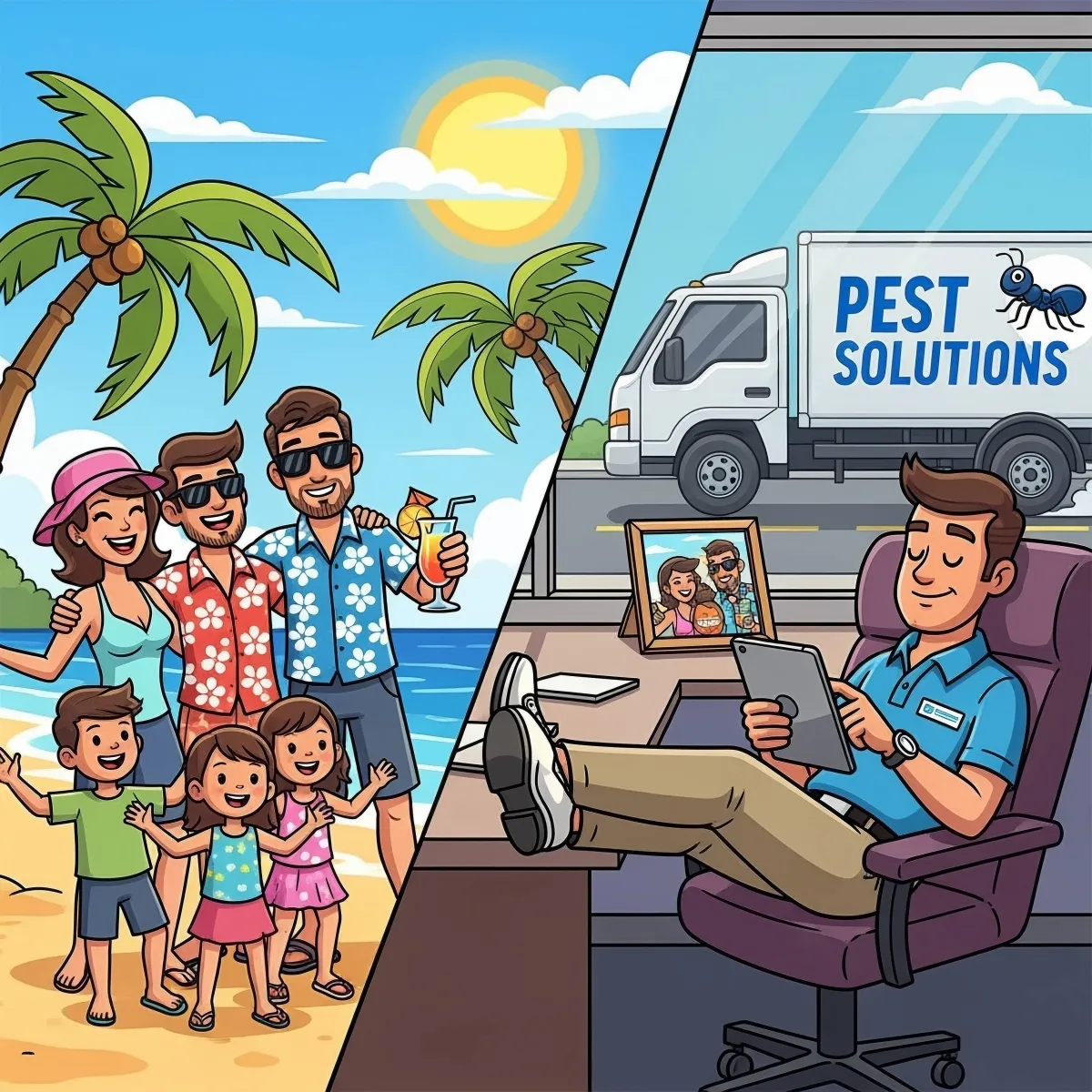  Family on vacation / CEO at ease / pest control truck with confidence.