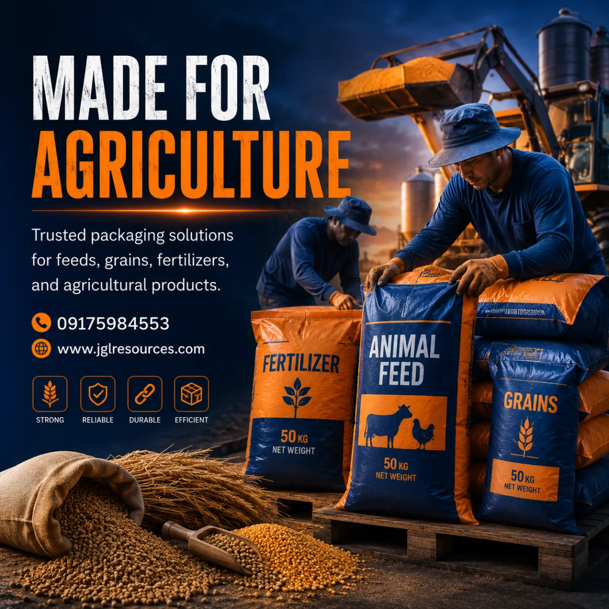 Farmers handling feeds and fertilizer sacks packed in durable BOPP bags for agricultural storage and transport.
