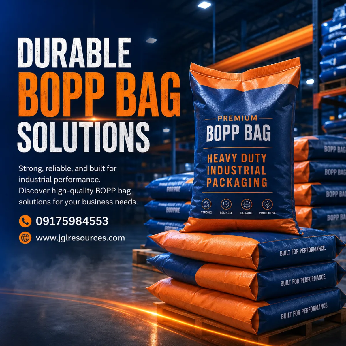 Premium BOPP bags stacked inside a modern industrial warehouse for durable bulk packaging solutions.