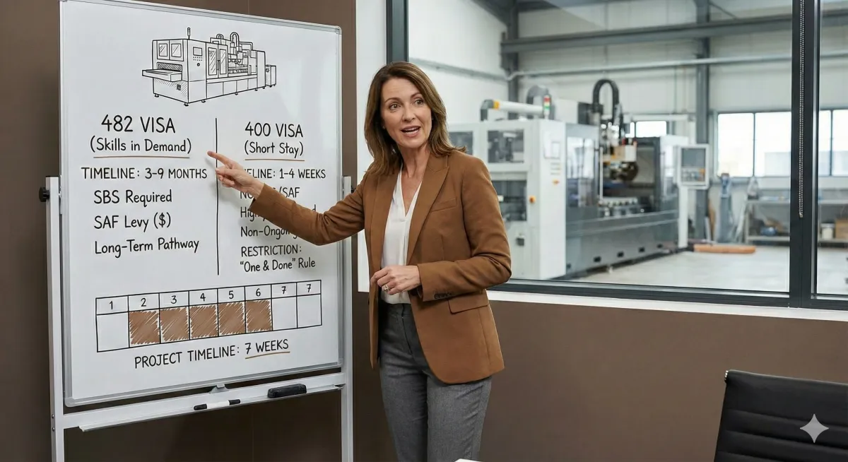 Regional Australian manufacturer reviewing urgent project timelines with an overseas specialist consultant. Illustrates short-term specialist engagement under the Subclass 400 visa.