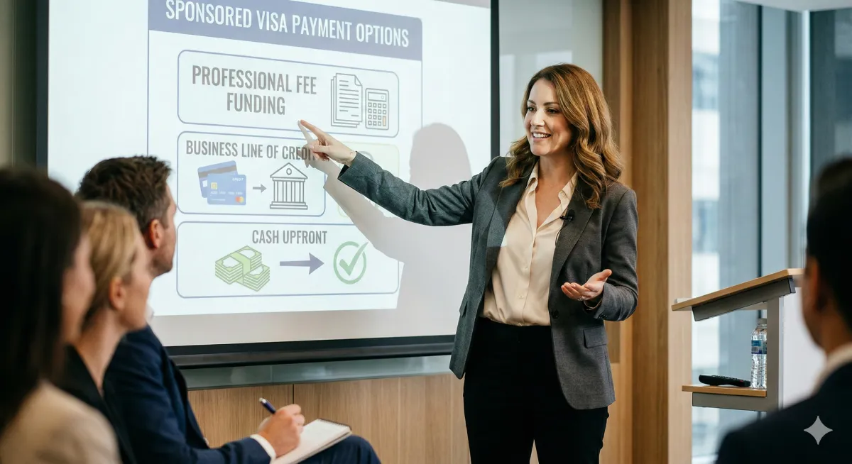 A positive warm female finance professional is explaining to her audience the Payment options for the needed sponsored visa. There is Professional Fee Funding, Business Line of Credit, Cash up front. She is engaged and pointing to the Professional Fee Funding while responding to questions.