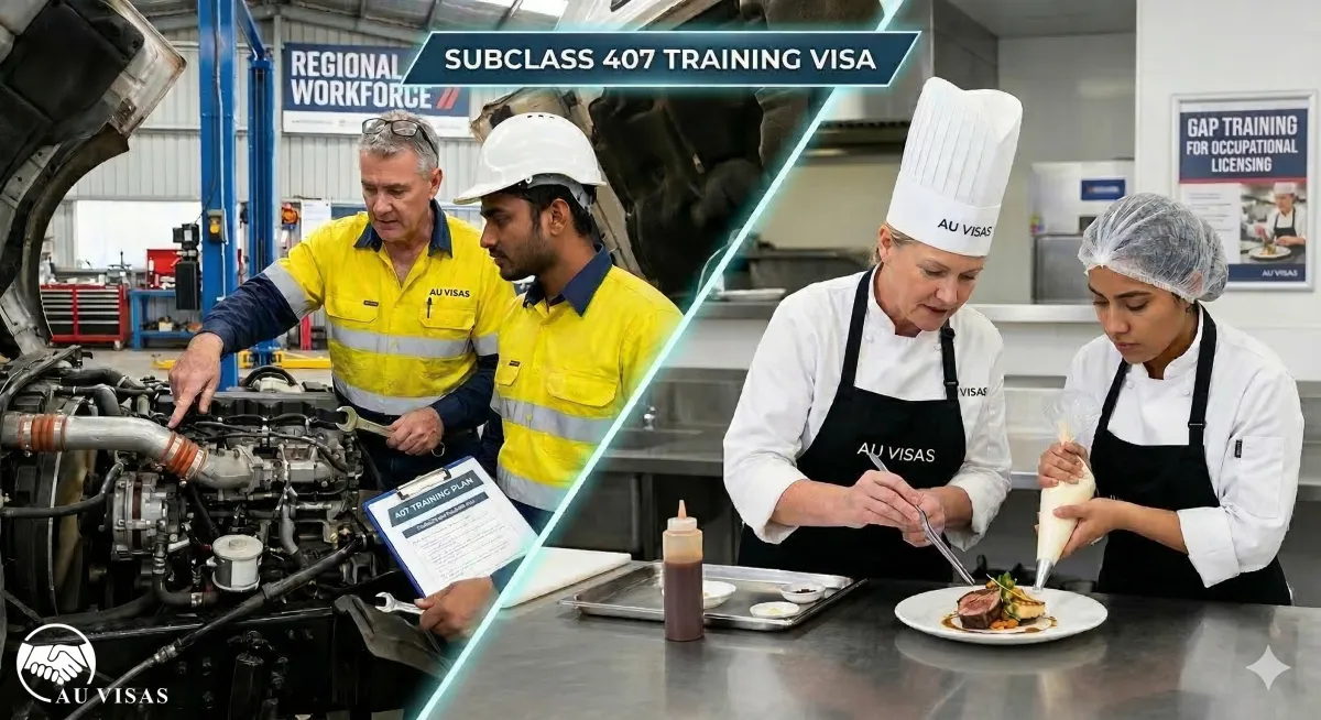 Regional Australian employers supervising overseas trainees in mechanical workshops and commercial kitchens as part of structured workplace training programs.