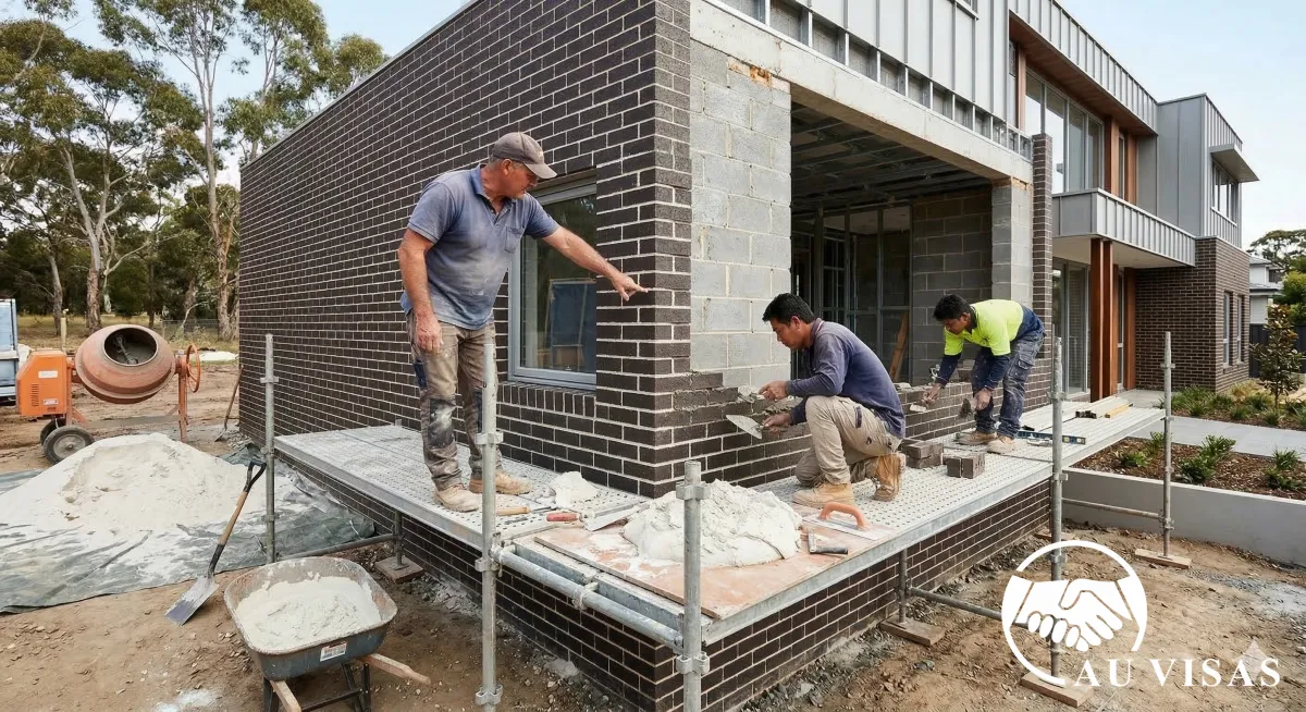 A regional Australian bricklaying crew working on a housing site, with experienced tradesmen and a site supervisor inspecting fresh brickwork. The image reflects teamwork, housing demand, and practical workforce planning.