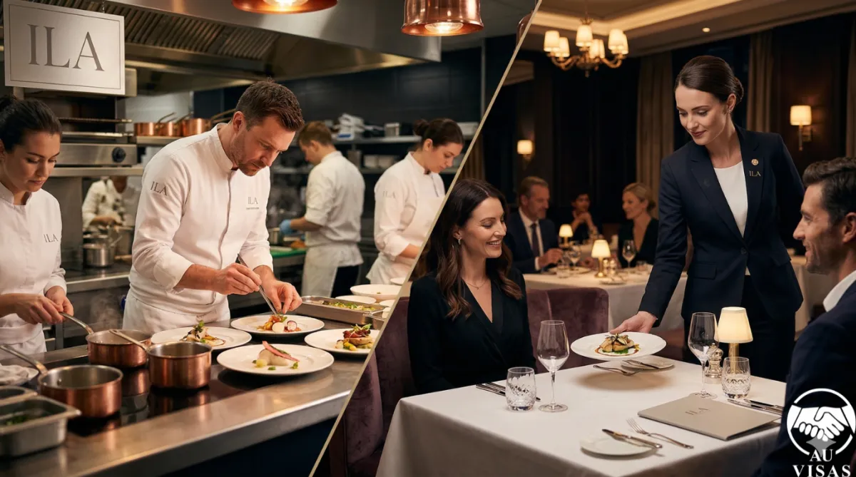 A premium hospitality venue showing chefs plating dishes in a commercial kitchen and front-of-house staff serving guests in an upscale dining room.