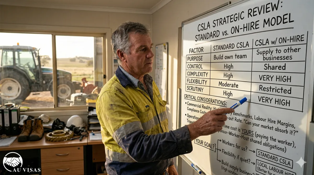 A regional employer comparing workforce strategies, weighing direct sponsorship against building a labour hire model using an On-Hire Labour Agreement.