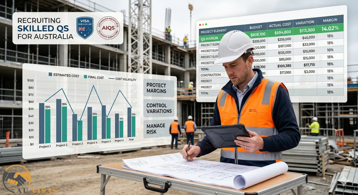 A quantity surveyor reviewing construction drawings and cost estimates on-site, representing cost control and financial management in building projects.