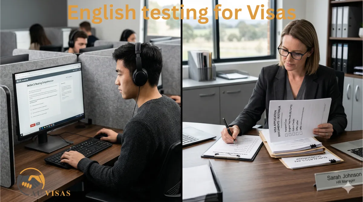 A candidate completing an English language test on a computer while an employer reviews documents, highlighting the importance of English requirements in Australian visa sponsorship.
