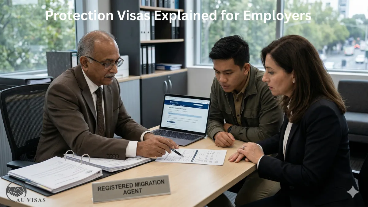 A regional business owner reviewing visa documents with an employee, highlighting workforce planning challenges and uncertainty around visa status.