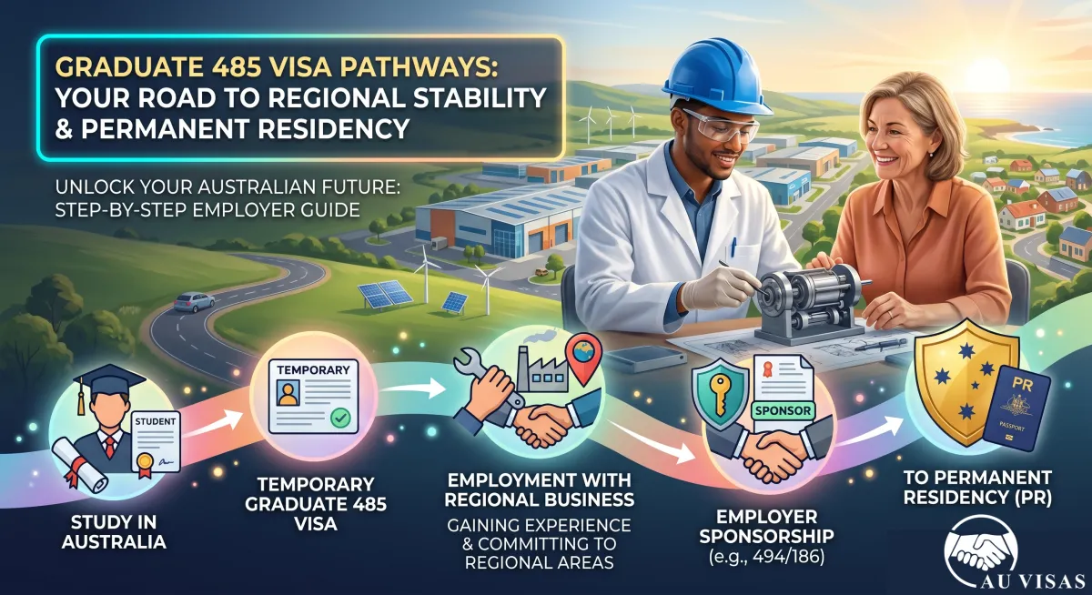 A regional Australian business owner discussing career progression with a young graduate worker in a workshop, representing pathways from study to long-term employment.