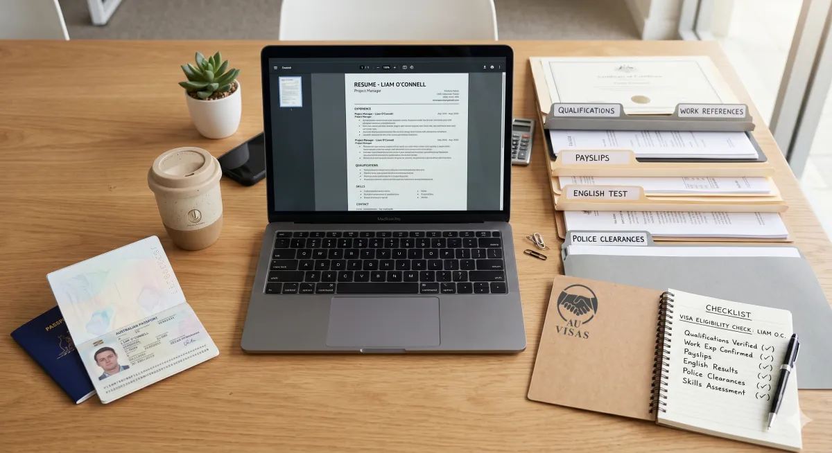A neatly organised desk with passport, laptop, document folders labelled qualifications, references, payslips, English test, and police clearances, alongside a candidate screening checklist — representing structured eligibility checks before progressing a skilled visa candidate.