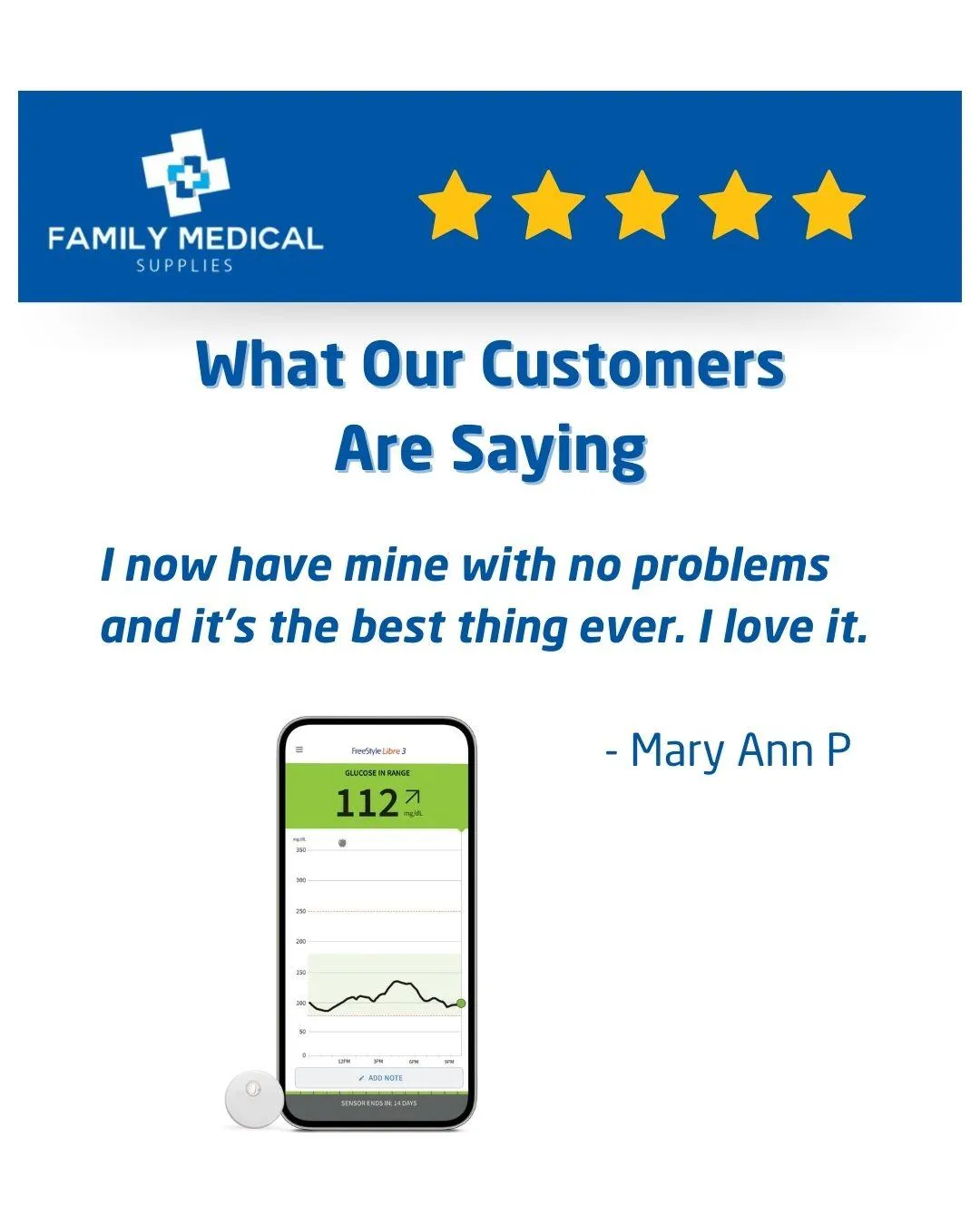 A 5 Star Review card with a customer review that says "I now have mine with no problems and it's the best thing ever. I love it.