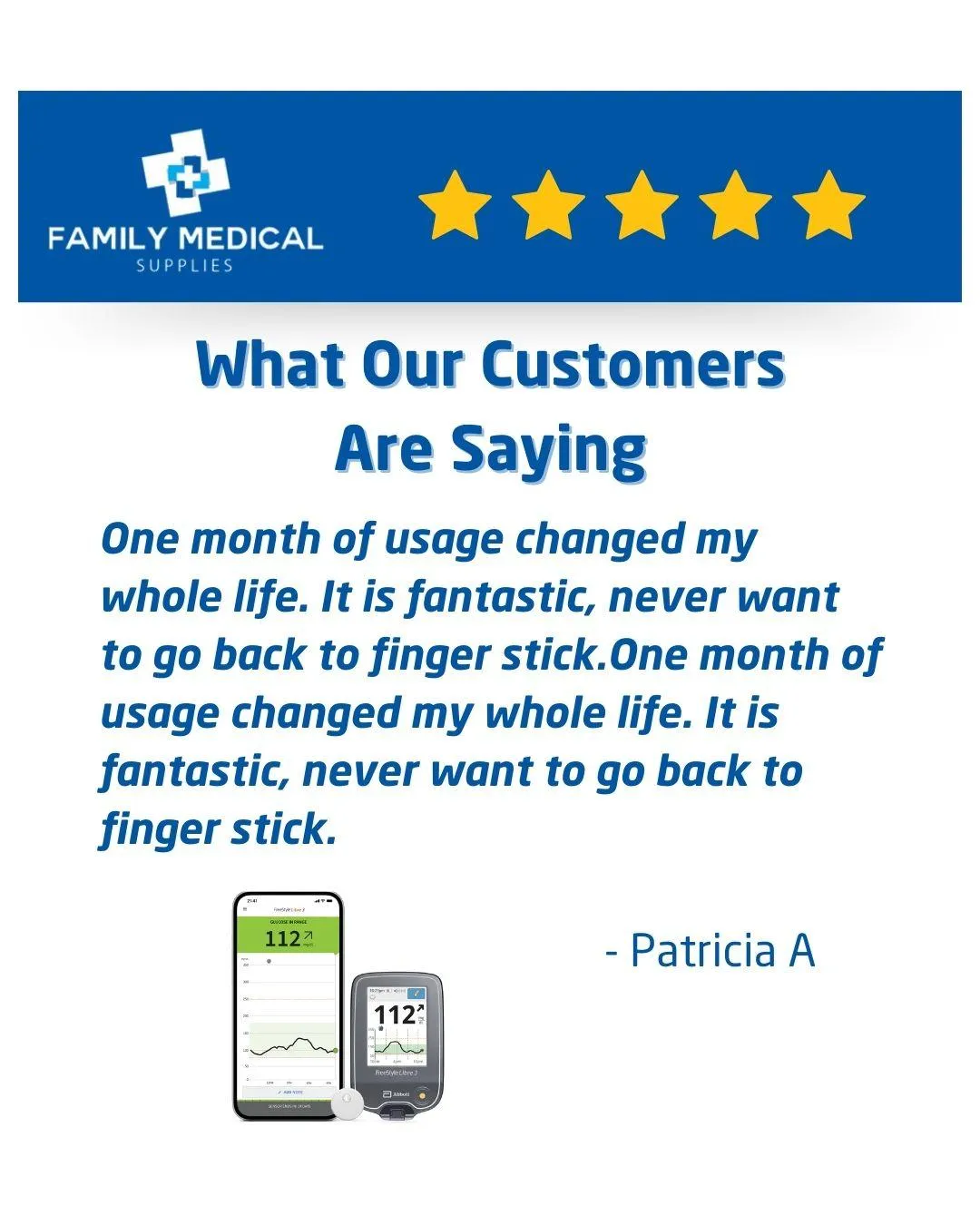 A 5 Star Review Card that says "ne month of usage changed my whole life. It is fantastic, never want to go back to finger stick.One month of usage changed my whole life. It is fantastic, never want to go back to finger stick."