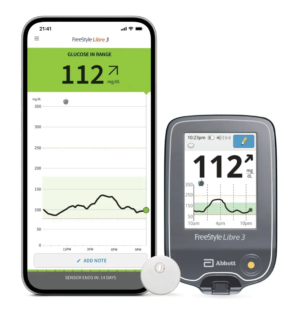 Image of FreeStyle Libre 3 System and Phone displaying sample results
