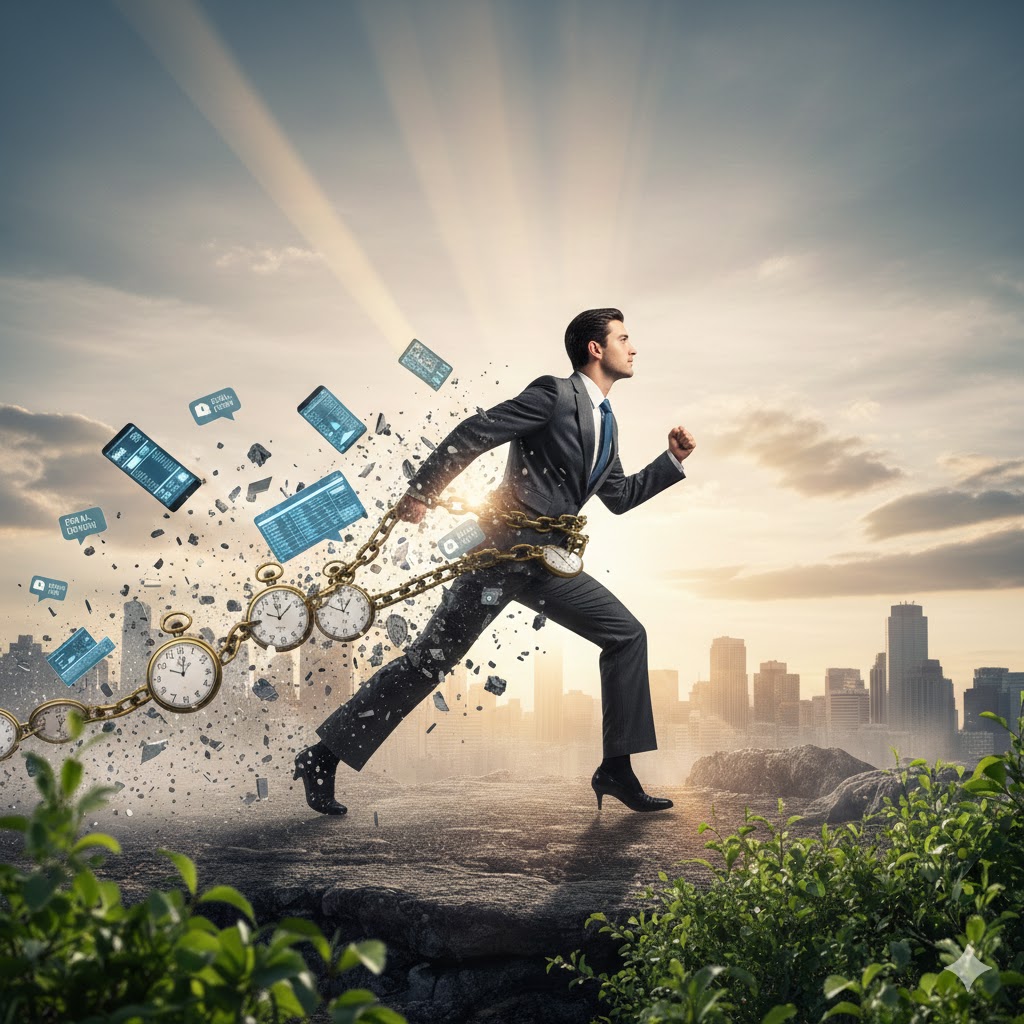 Conceptual art of an entrepreneur escaping the 'shackles' of time management and digital distractions. The man breaks through chains of watches and spreadsheets against a hopeful sunrise.