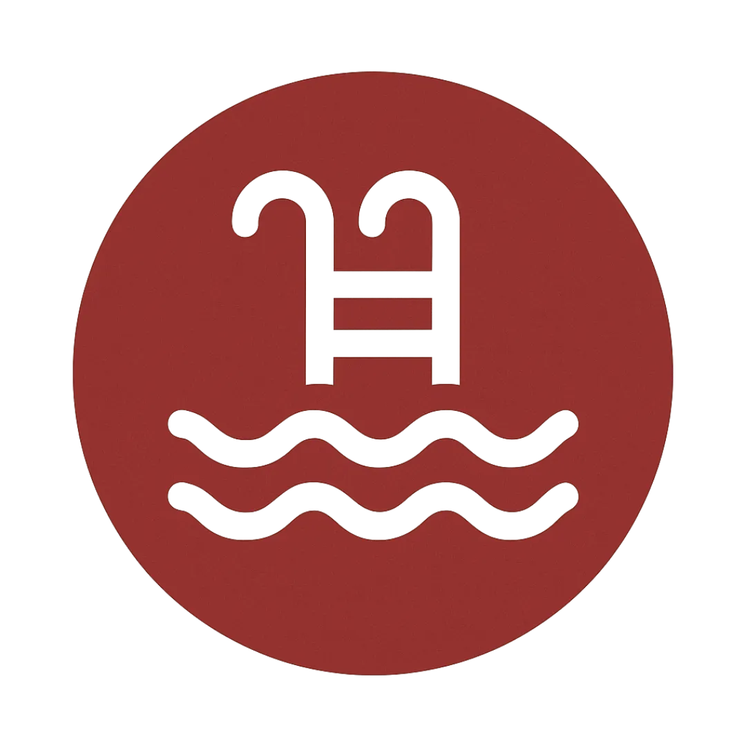 Outdoor swimming pool and lounge chairs at Possum Kingdom RV Resort