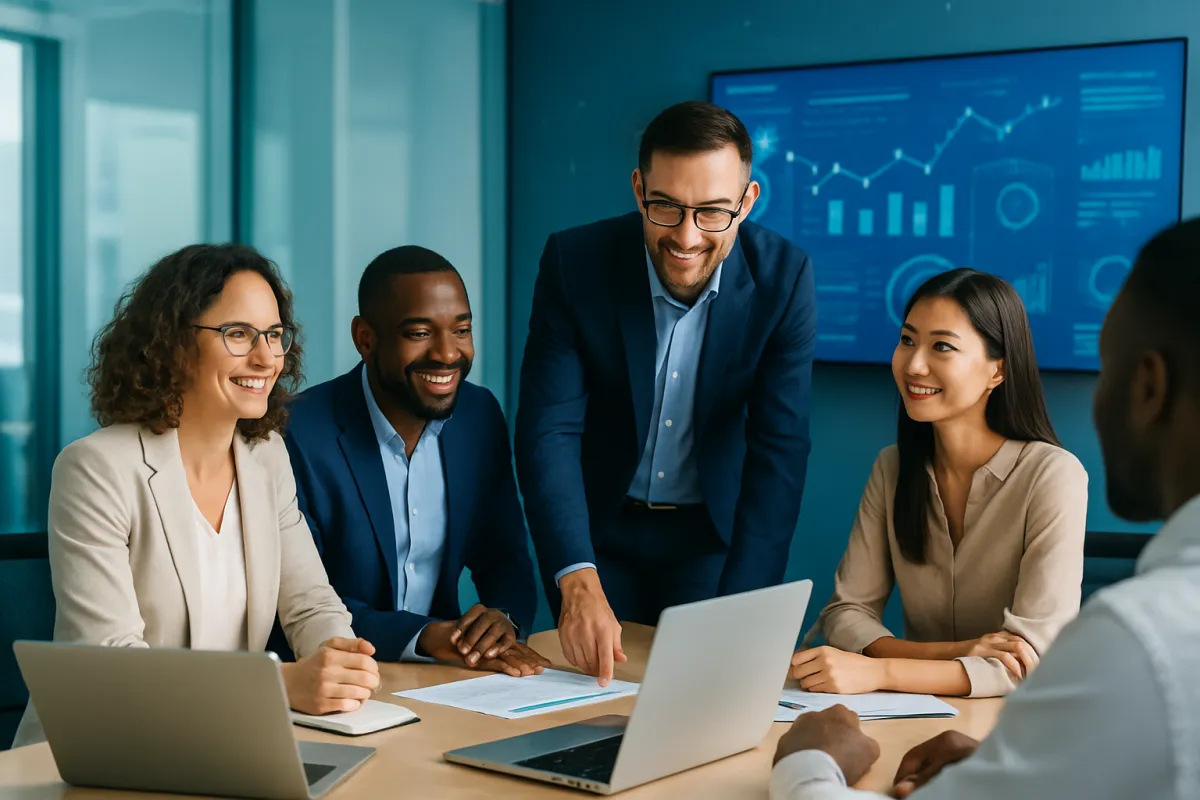 Cydian Group team collaborating in modern office with cybersecurity analytics on screen
