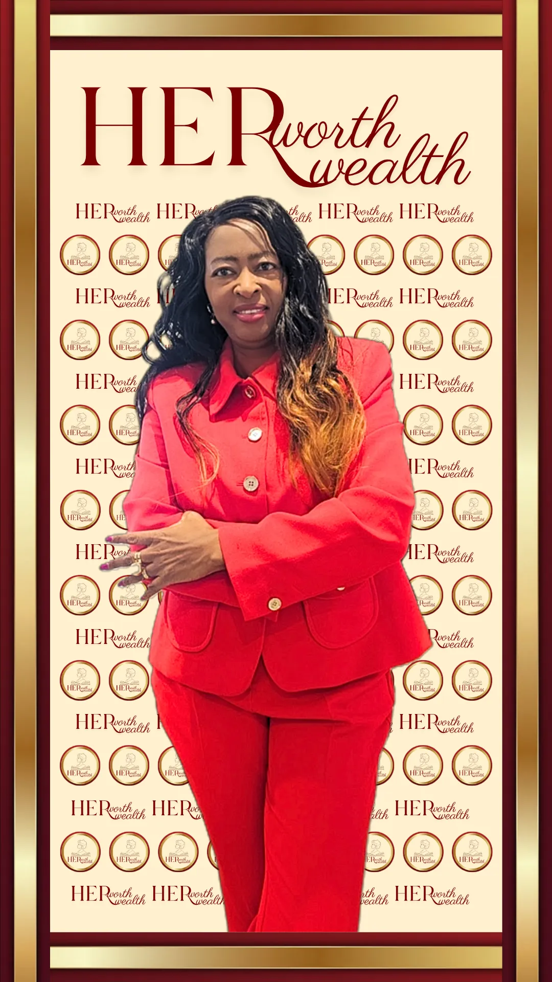 Stella Mofor standing in front of Her Worth Her Wealth branding