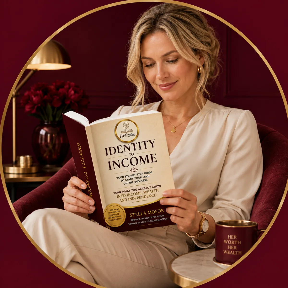Woman holding a coffee cup and looking thoughtfully into the distance