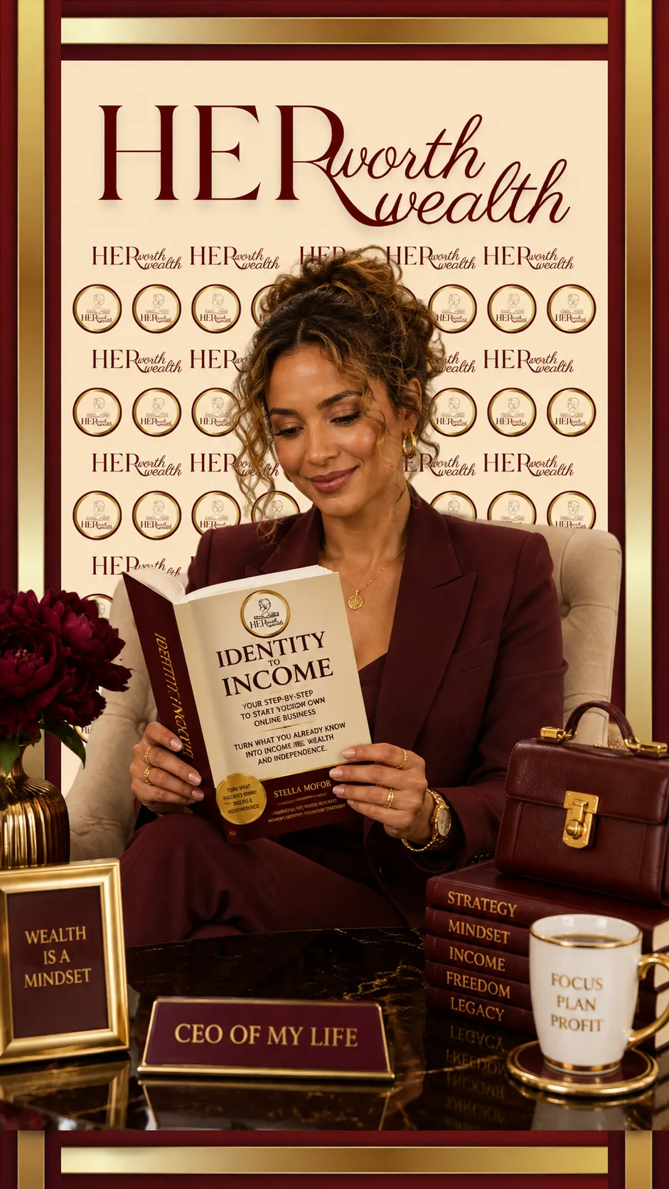 Stella Mofor standing in front of Her Worth Her Wealth branding