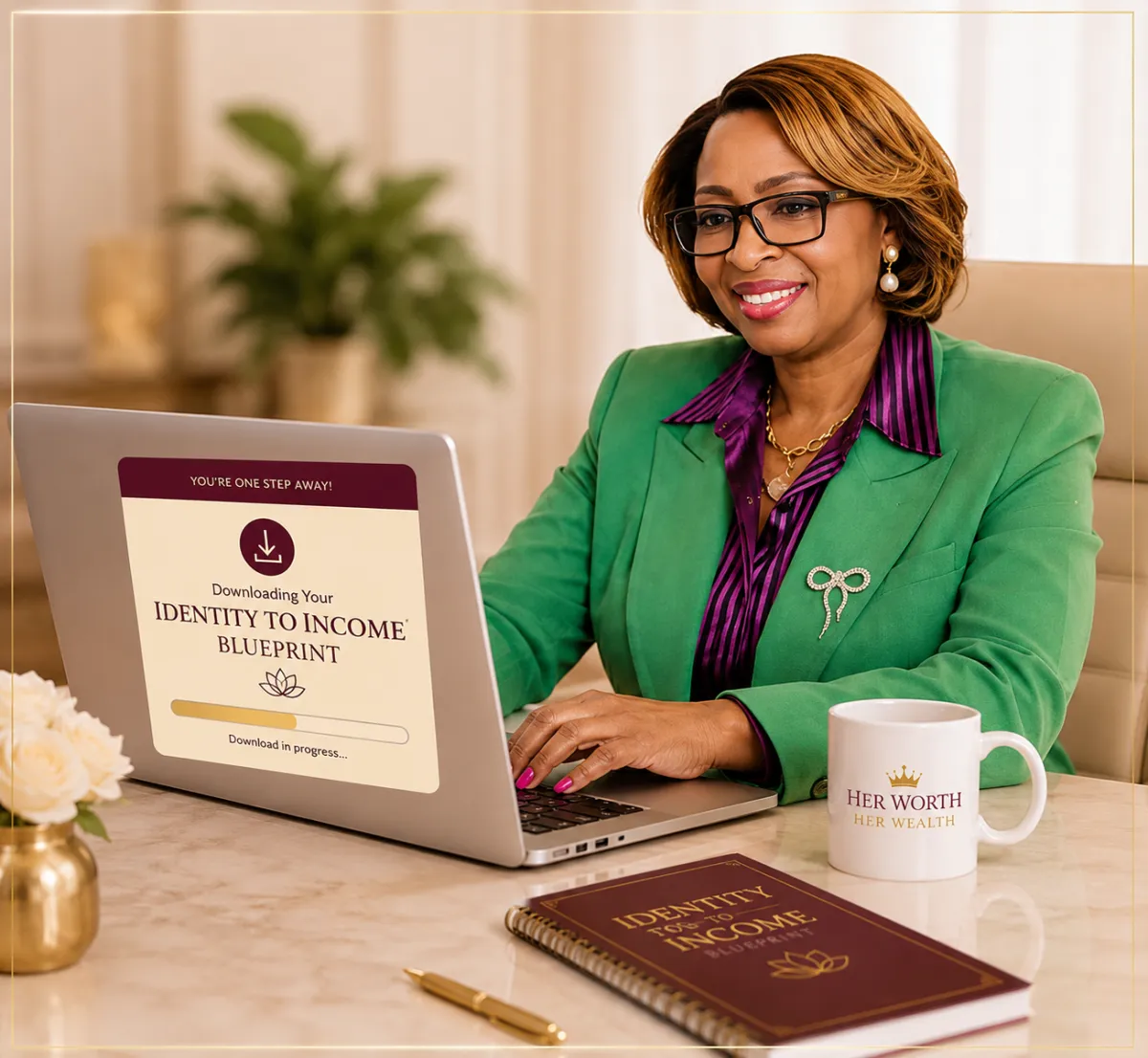 Stella Mofor standing beside a woman using a laptop